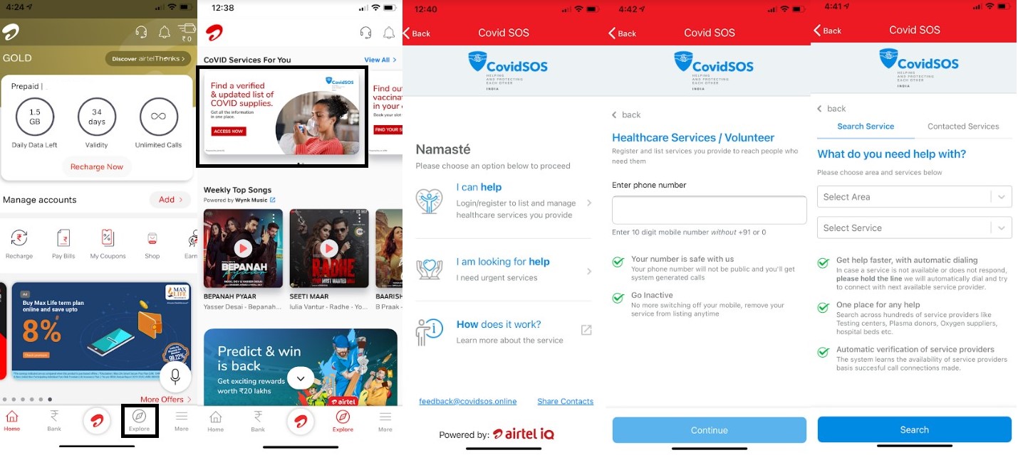 Covid SOS tool on Airtel Thanks app. Credit: DH Photo/KVN Rohit
