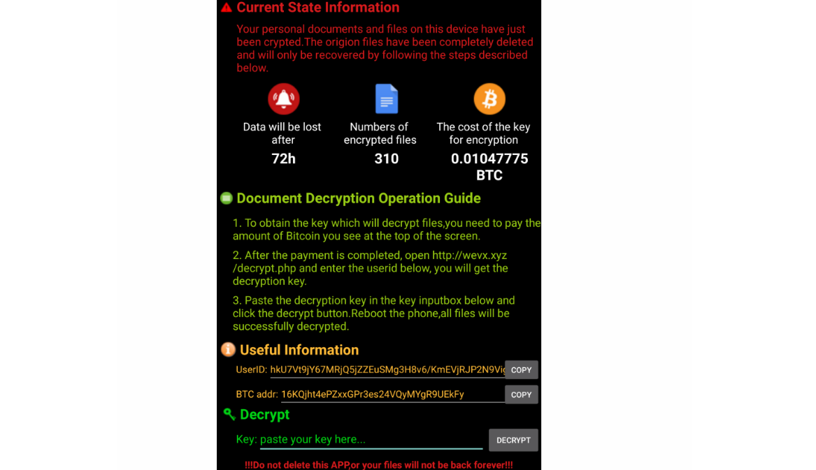 Ransom message displayed on victim's phone; picture credit: ESET Mobile Security