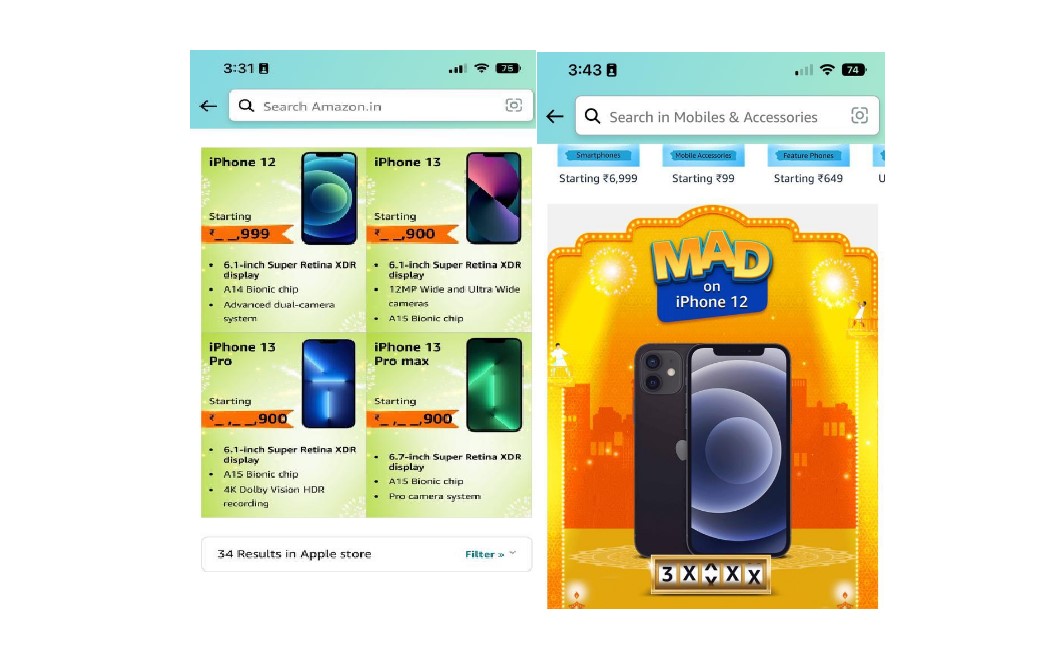 Apple iPhone 12, 13 series deals on Amazon mobile app (screen-grab)