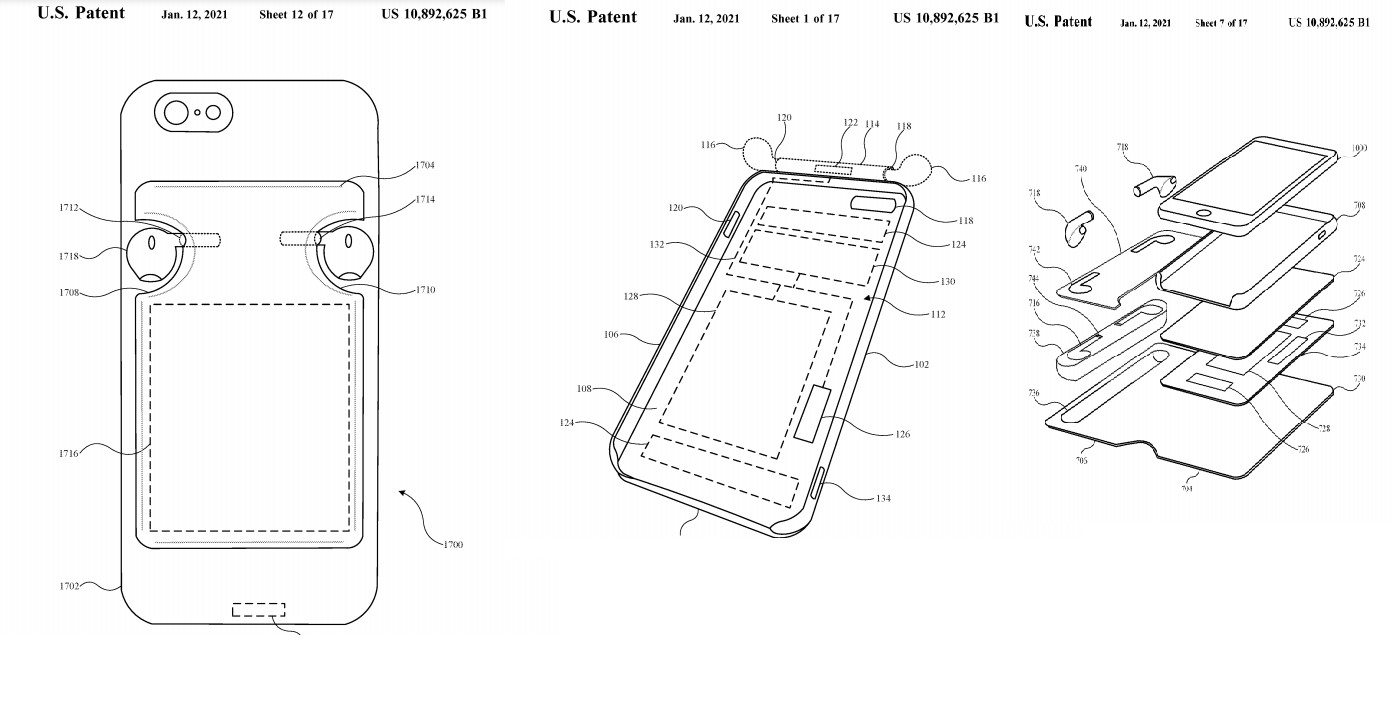Apple patent reveals there are multiple variants to hold and power up AirPods. Credit: USPTO website (screen-shot)