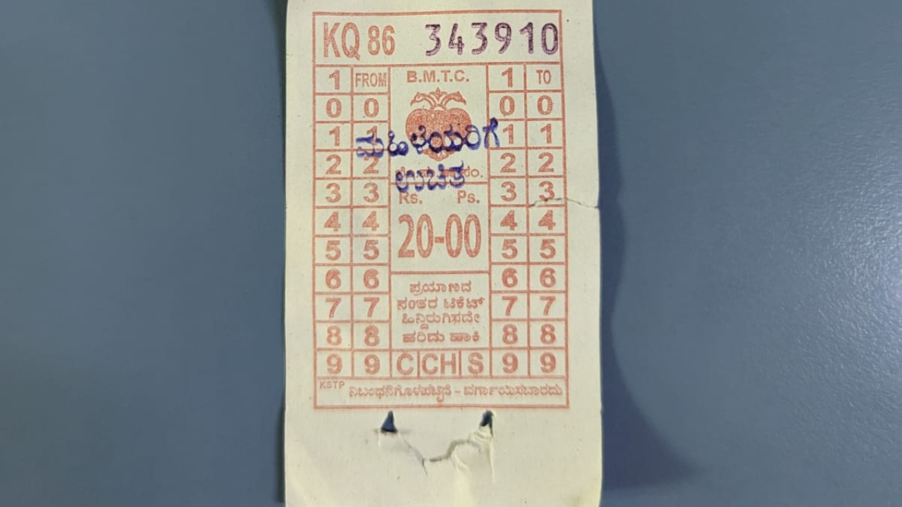 Kannada words 'Mahileyarige Uchita' (free for women) were stamped on manual tickets issued to women travellers. Credit: DH Photo/UdbhaviBalakrishna