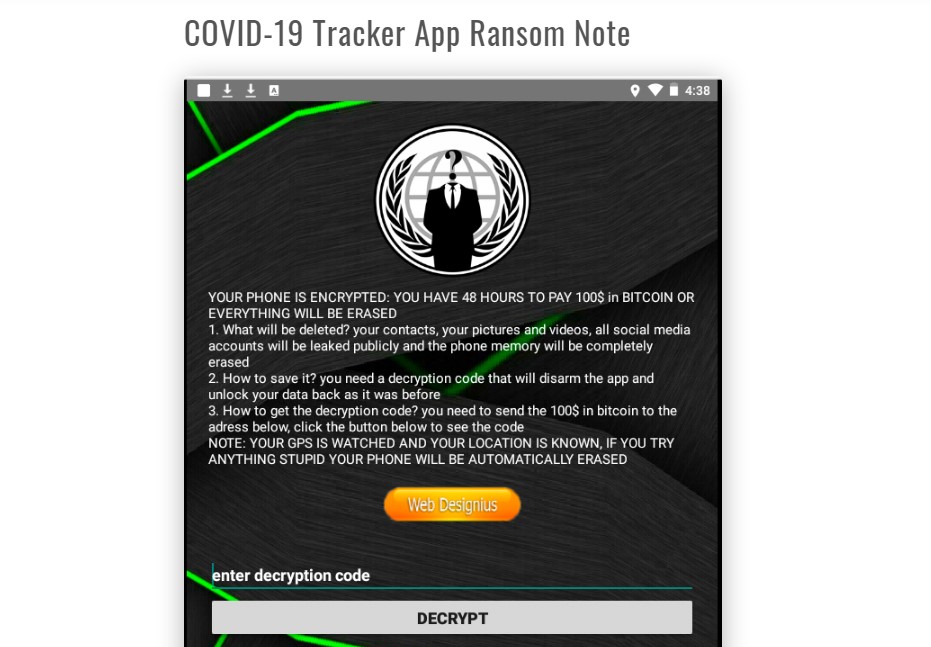 CovidLock malware's ransom note on Android phone's screenlock (Credit: Domain Tools)