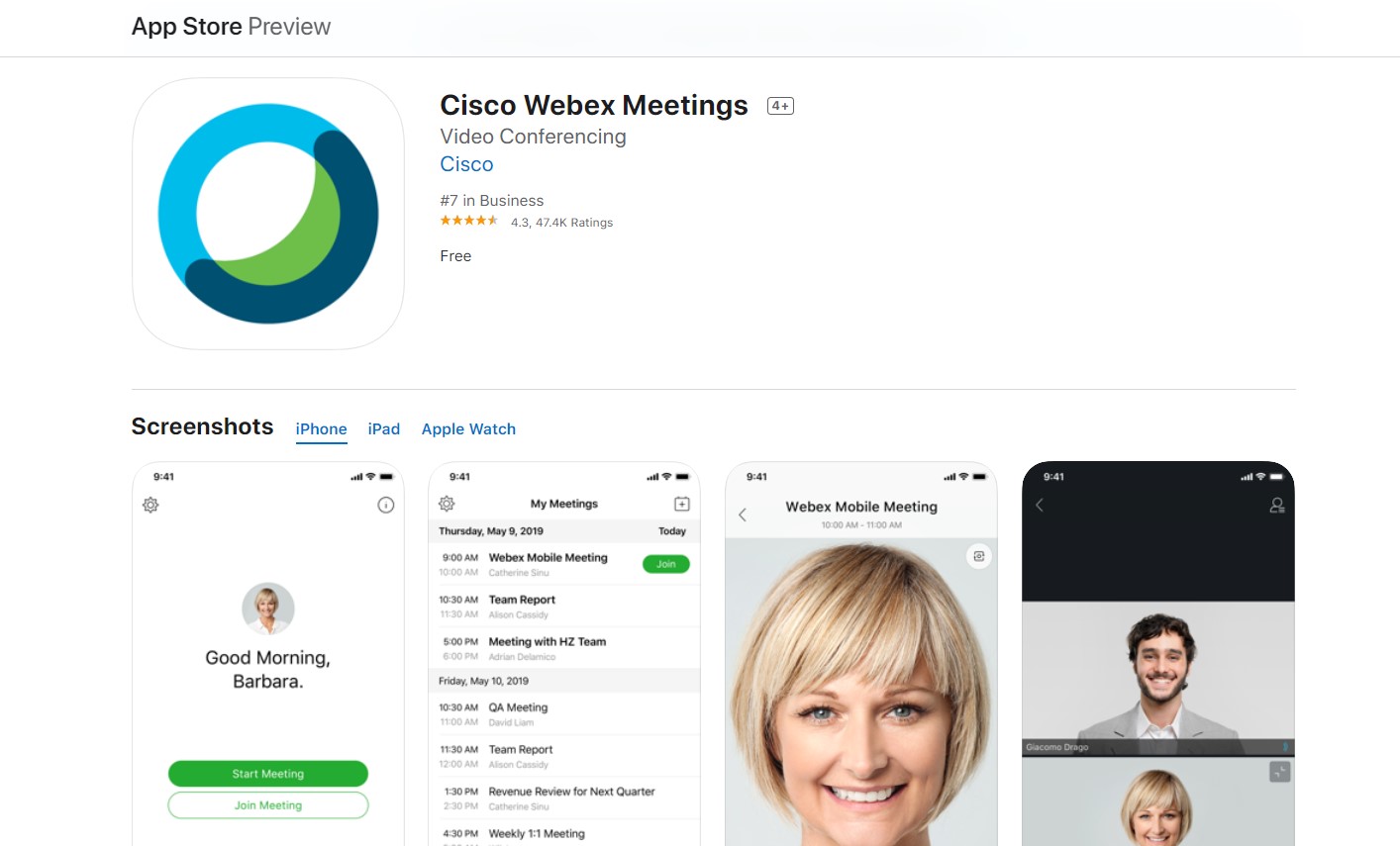 Cisco Webex Meetings on Apple App Store (screen-grab)