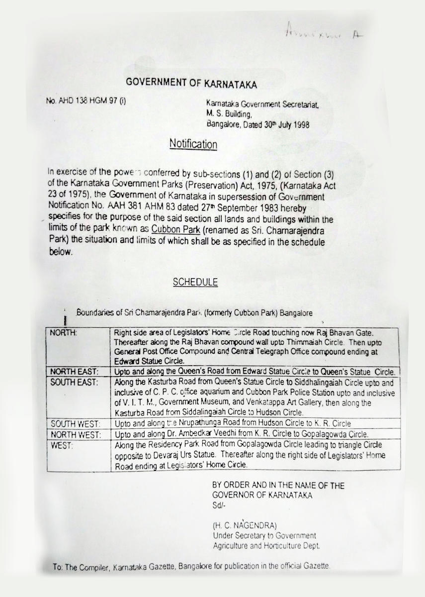 The 1998 notification defining the Cubbon Park boundary.