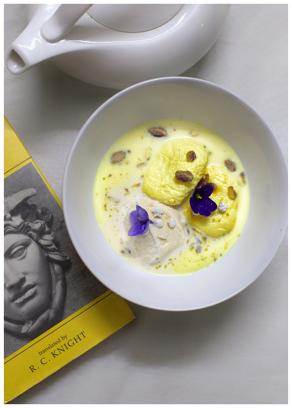 Rasmalai and vanilla ice cream with edible flowers