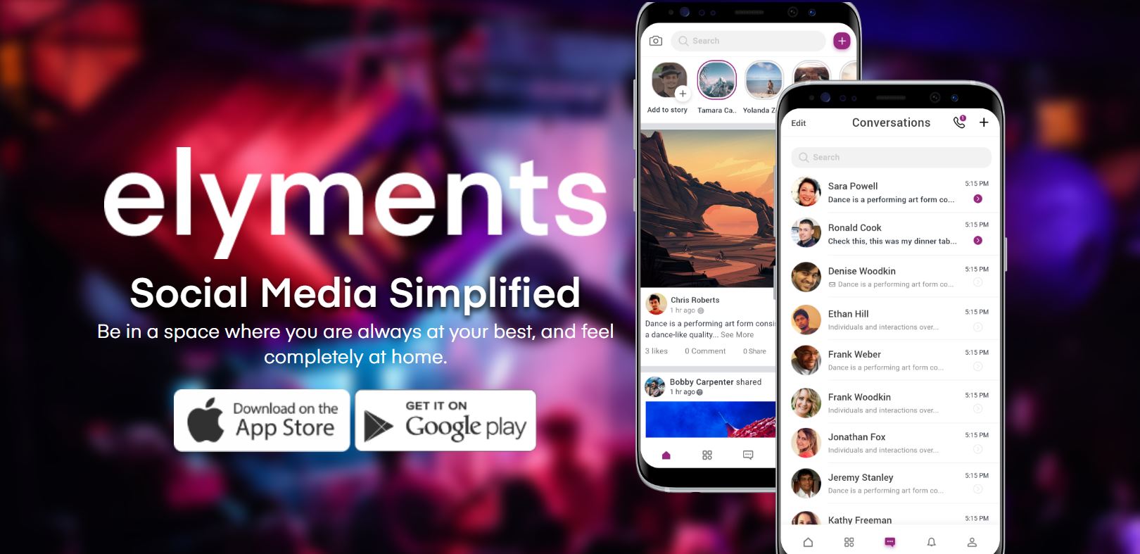 Elyments socia media app website (screen-grab)