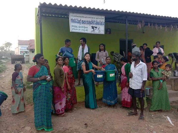 Neela Murthy, GP president, Kanthapura, Nagamangala taluk, Mandya working with village women at theGangasamudra Milk Cooperative office