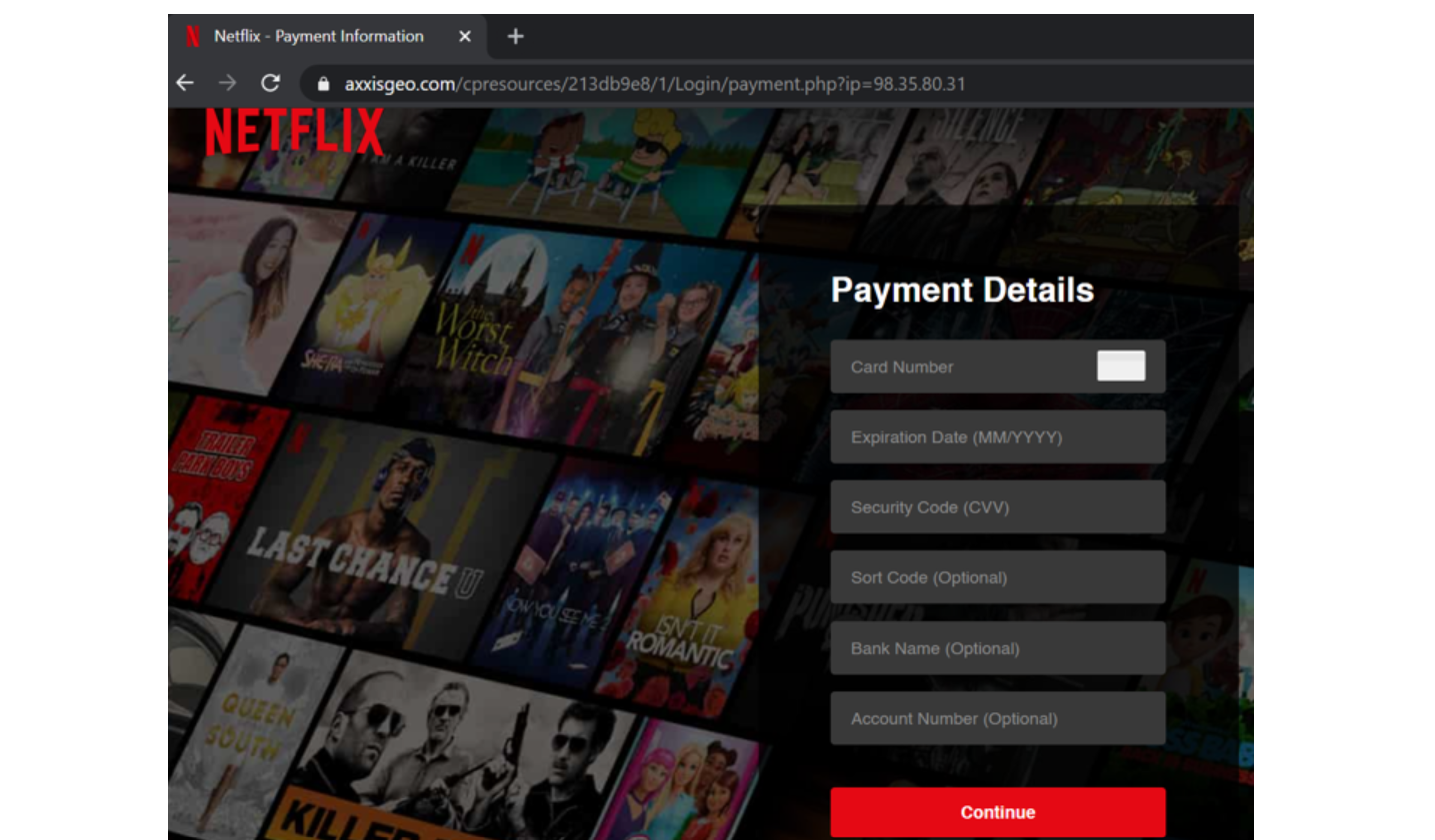 Fake Netflix webpage. Credit: Armorblox