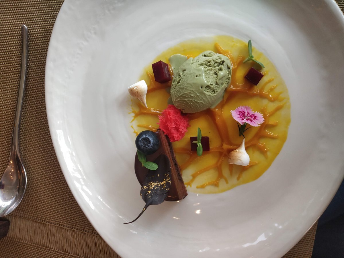 Five spice flavoured chocolate mousse withorange compote.