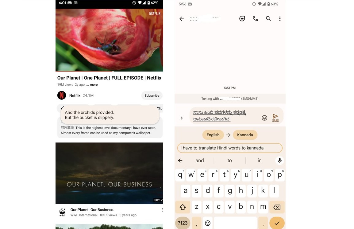 Live captioning and Live translation features in action on Google Pixel 6a. Credit: DH Photo/KVN Rohit