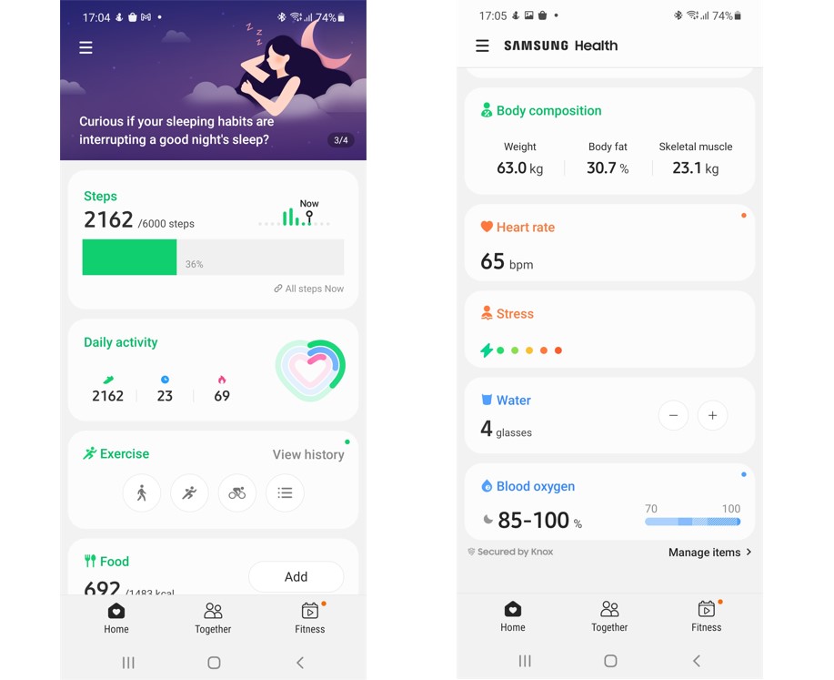 Glanceable activity features on the Galaxy Health app on Samsung Galaxy A52s. Credit: DH Photo/KVN Rohit