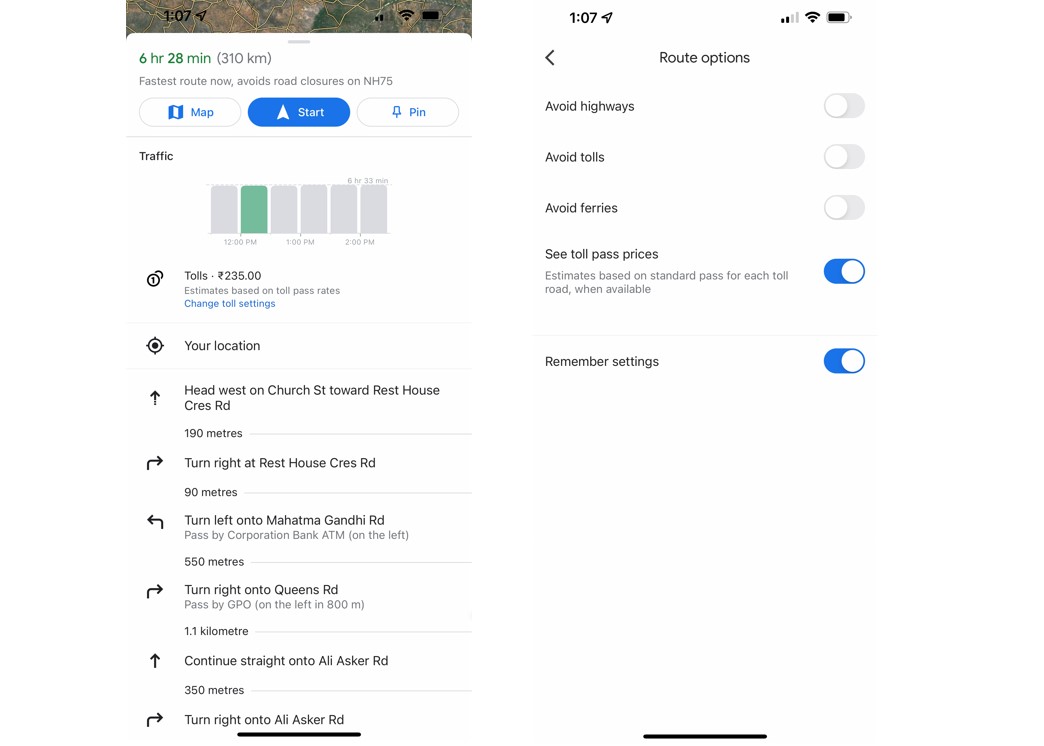 Tolls settings on Google Maps. Credit: DH Photo/KVN Rohit
