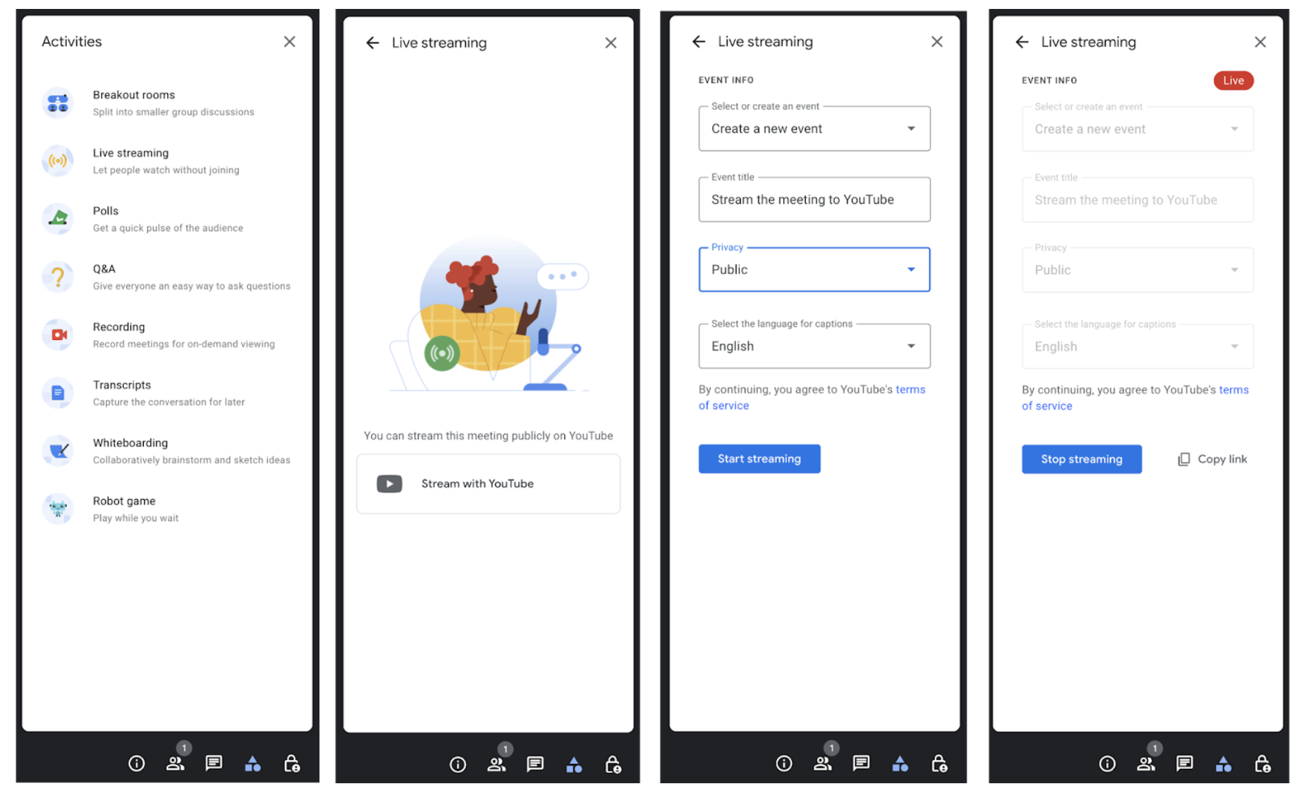 Google Meet gets the YouTube streaming option. Credit: Google
