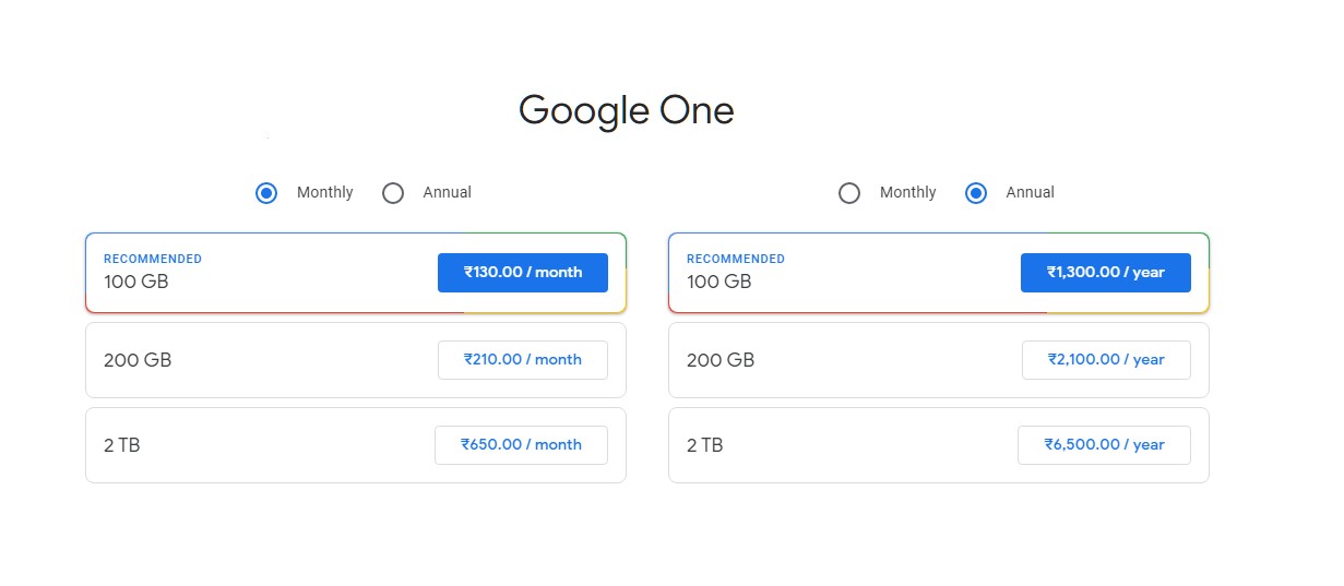 Google One plans. Credit: Google