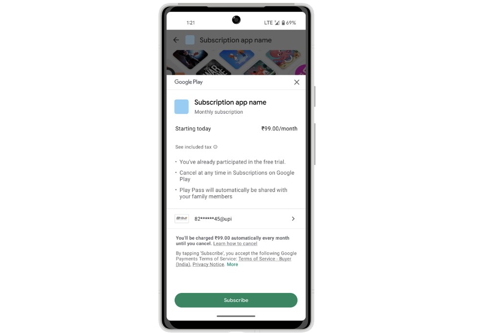 Google Play Store now accepts UPI-based AutoPay. Credit: Google