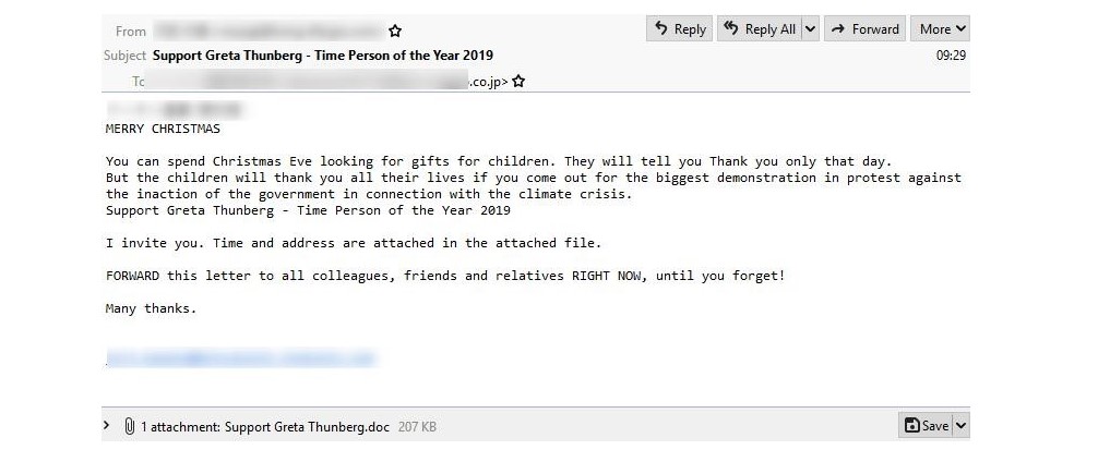 A malicious email with Greta Thunberg subject line (Picture credit: Proofpoint)