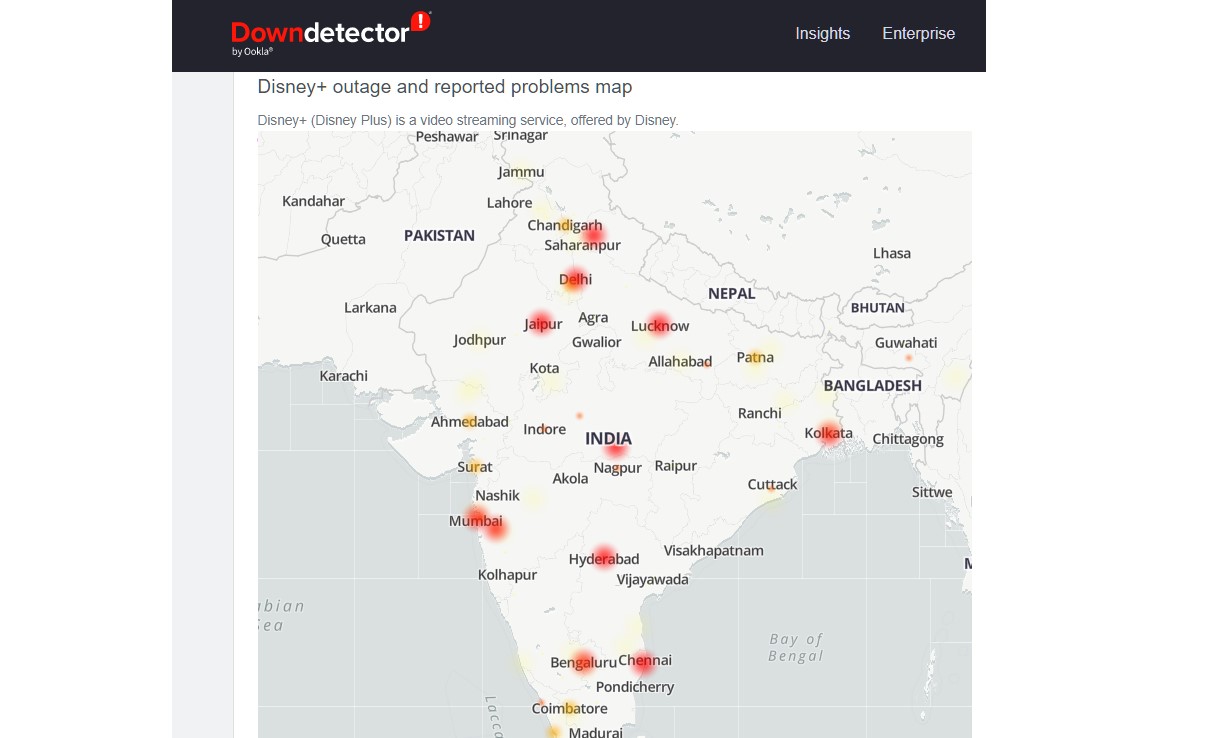 Disney+Hotstar website service outage heatmap on down detector (screengrab)