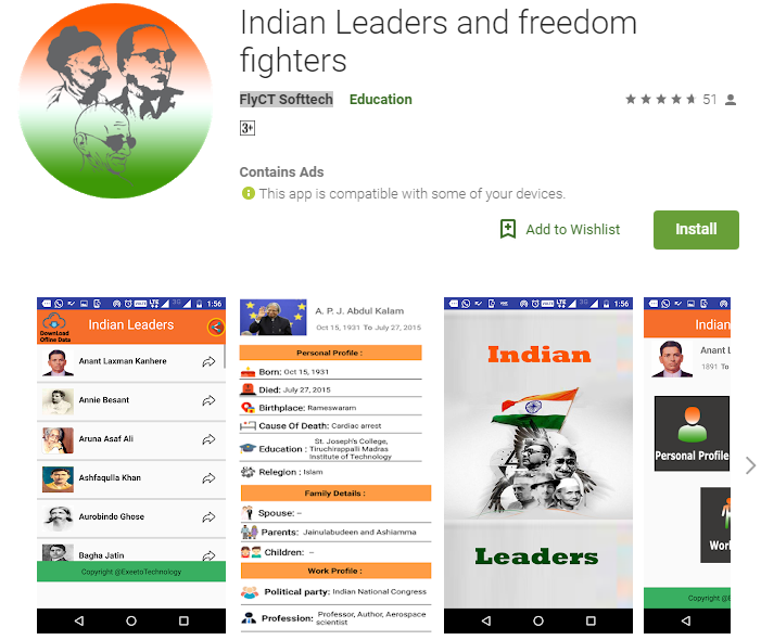 Indian Leaders and freedom fighters​ on the Google Play store (screen-grab)