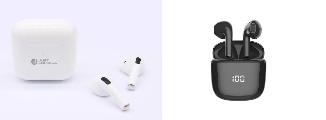 Just Corseca Plum (left) and Just Corseca SPACER Truly Wireless Earphones (right). Credit: Just Corseca