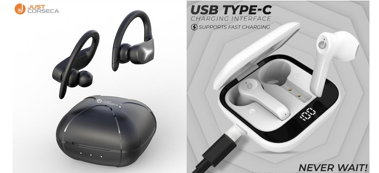 Just Corseca Striker Sports Truly Wireless earphones (left) and Just Corseca Stark Truly Wireless Earphones(right). Credit: Just Corseca
