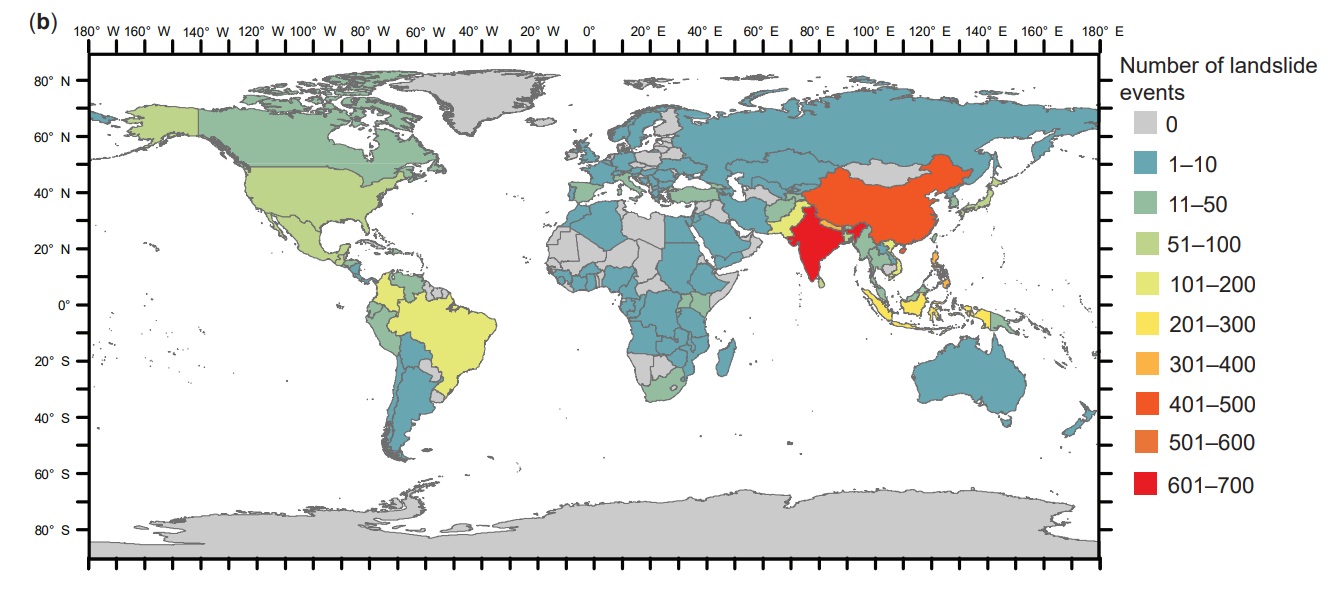 Number of non-seismically triggered fatal landslide events from 2004 to 2016 by country.Source: Global fatal landslide occurrence from 2004 to 2016 University of Sheffield