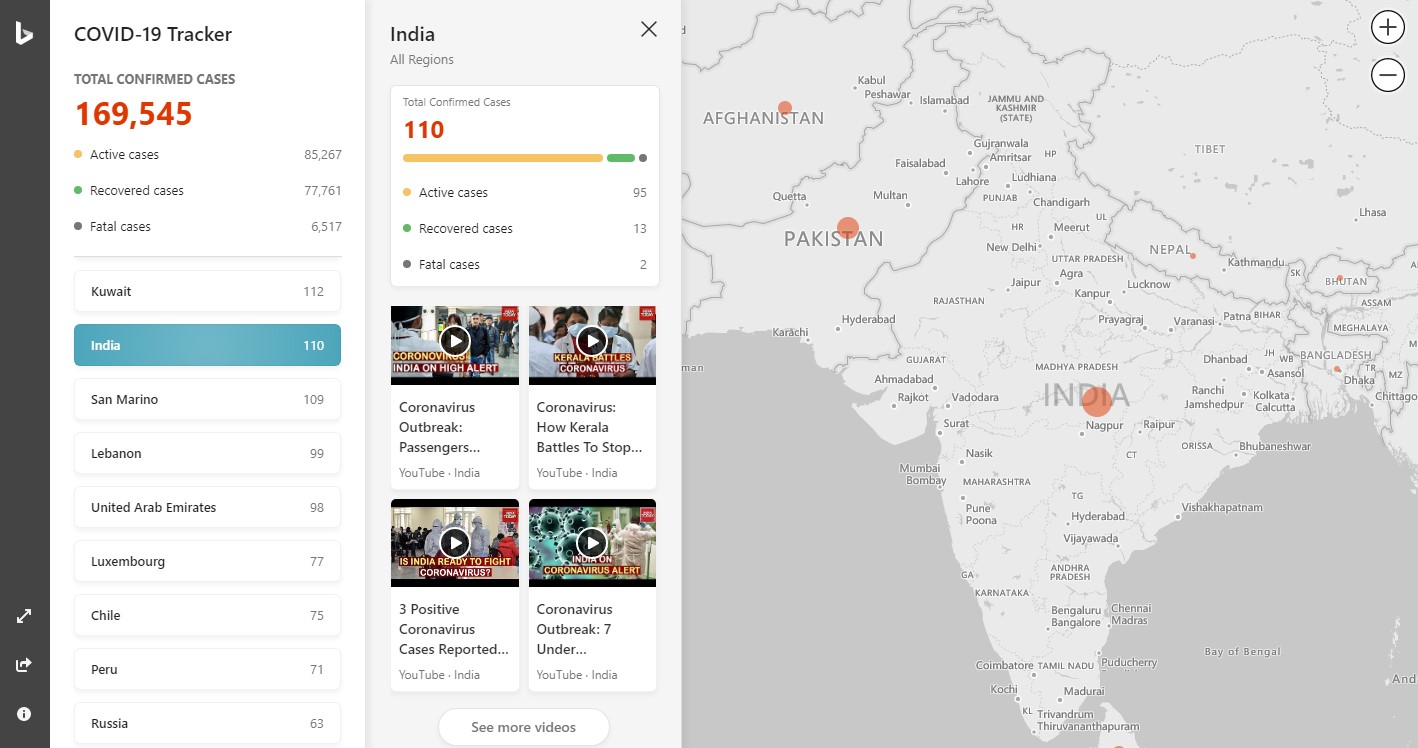 Microsoft's Bing-powered coronavirus pandemic heat map (Bing.com)