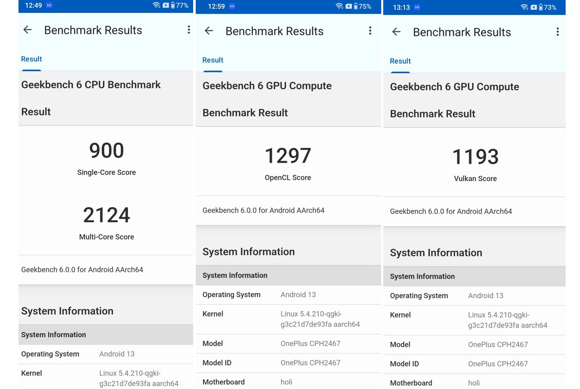 OnePlus Nord CE 3 Lite's score on Geekbench 6.0 performance scoring app.