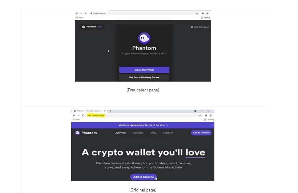 [Top] Fake Phantom app website and the original website [Below]. Credit: Check Point Research