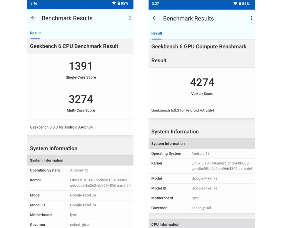 Pixel 7a Geekbench 6 CPU and GPU performance score