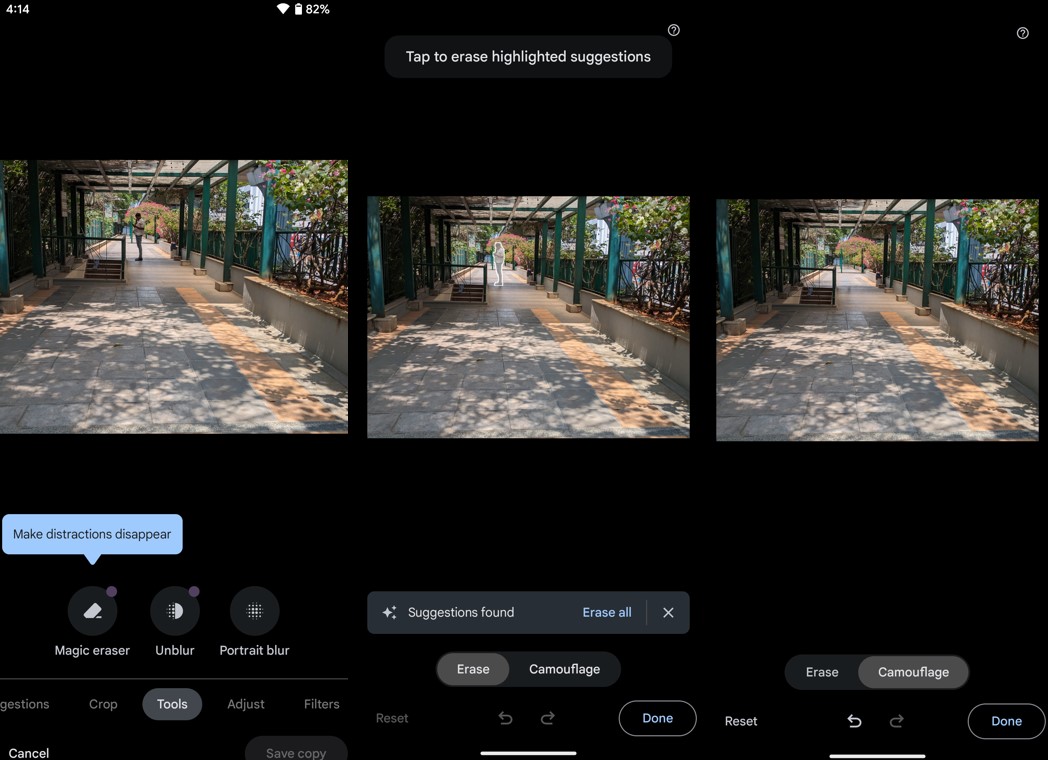 Google Photos App's Magic Eraser feature on the Pixel 7a.