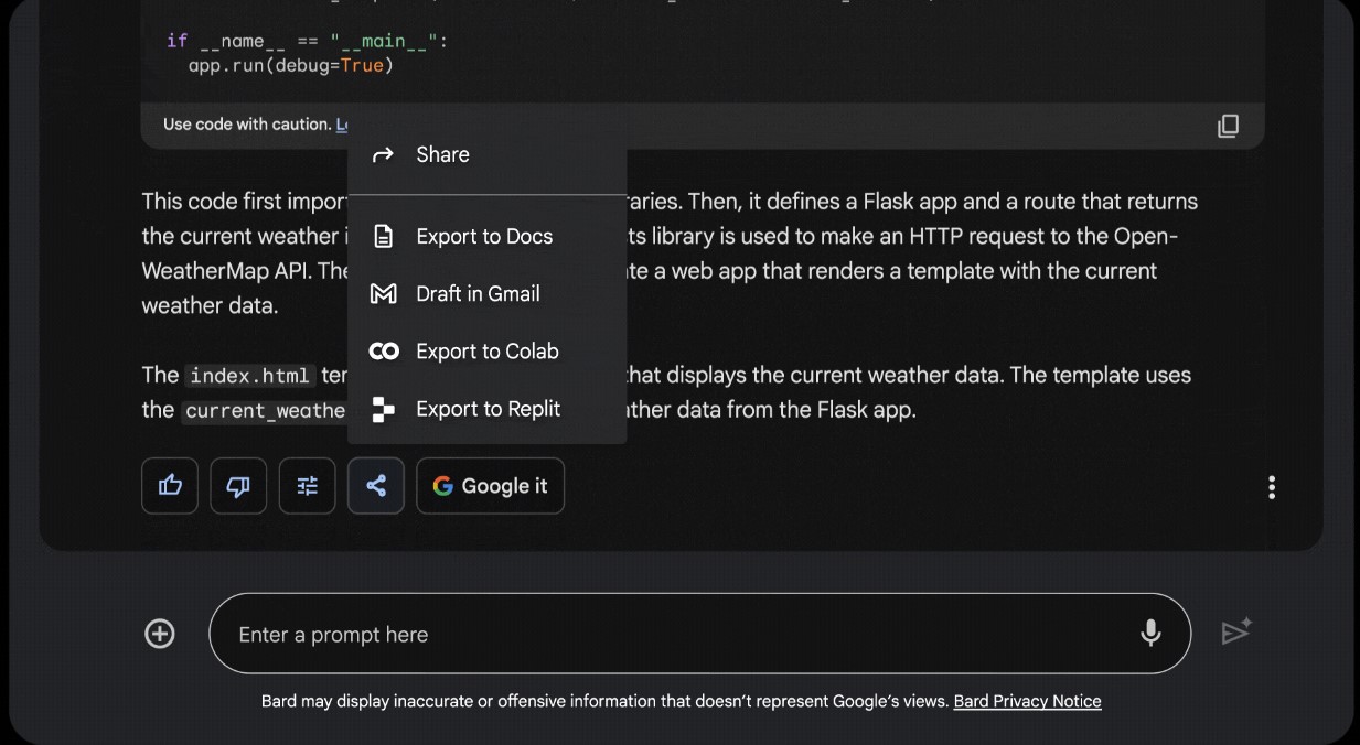 Bard can help you export Python code to Replit. Credit: Google