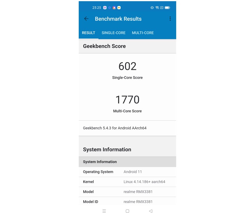 Realme 8s 5G's score on Geekbench performance testing app.