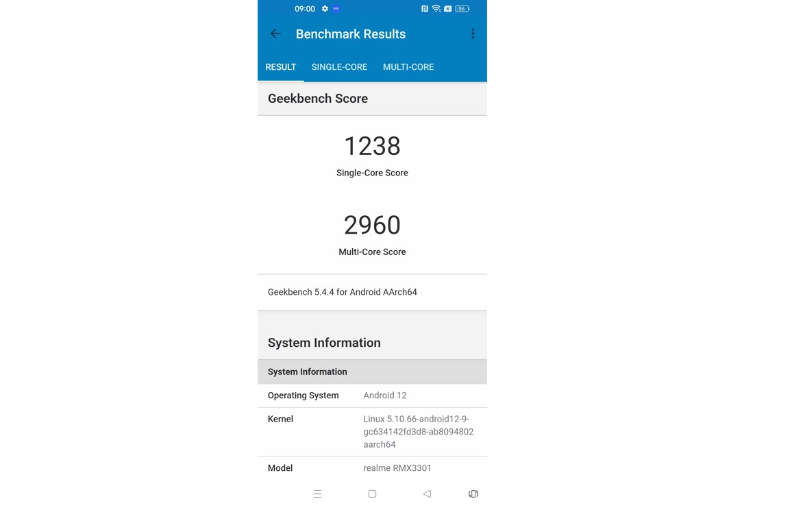Realme GT 2 Pro's single-core and multi-core test scores on the Geekbench performance app.