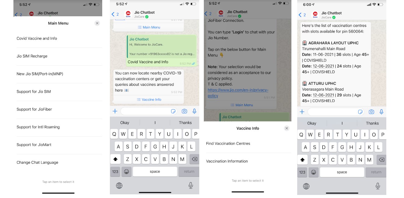 Reliance Jio chatbot on WhatsApp. Credit: DH Photo/KVN Rohit