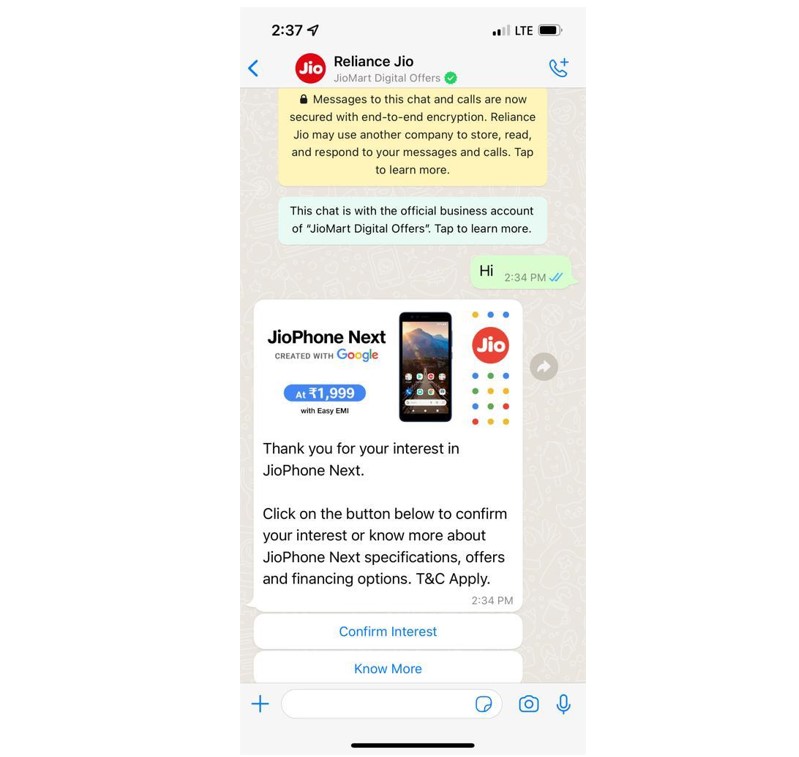 Reliance Jio bot launched on WhatsApp to assist people buying JioPhone Next. Credit: DH Photo/KVN Rohit