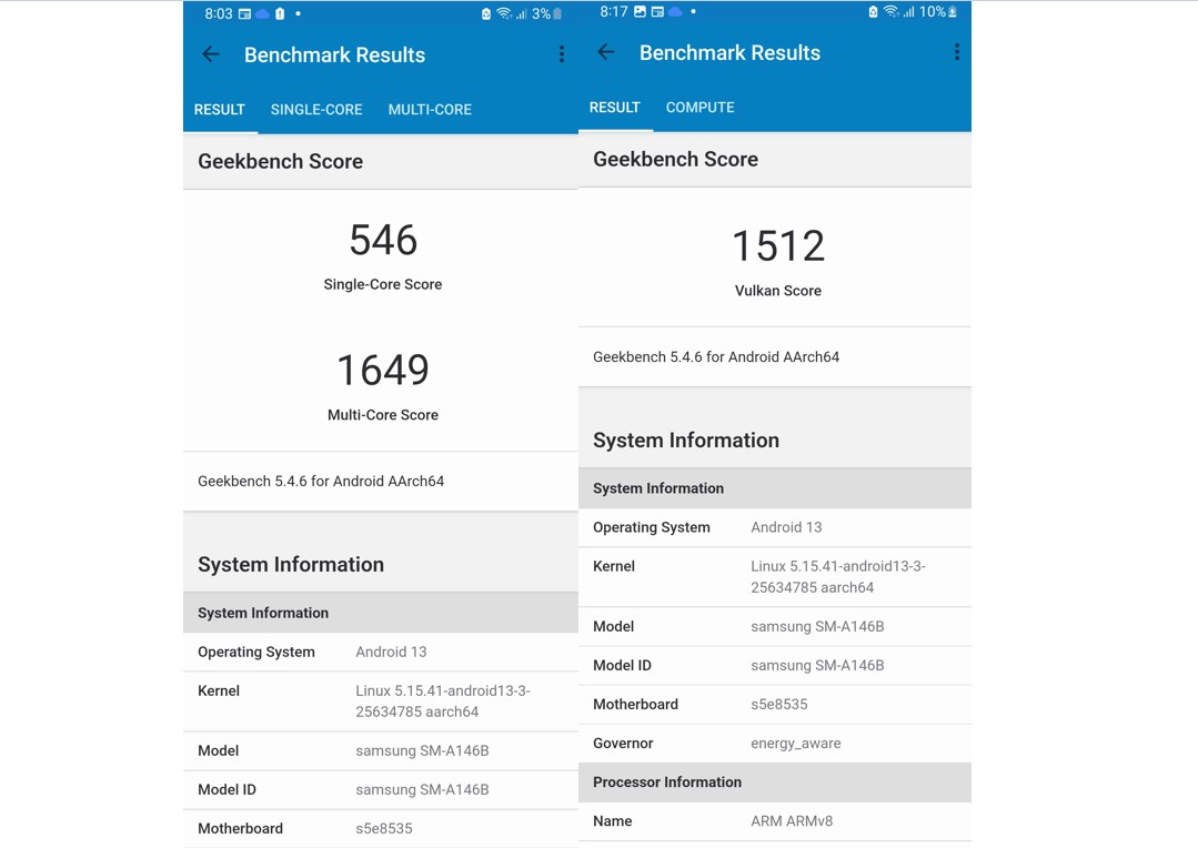 Samsung Galaxy A14 5G's score on Geekbench 5.0 performance app. Credit: DH Photo/KVN Rohit