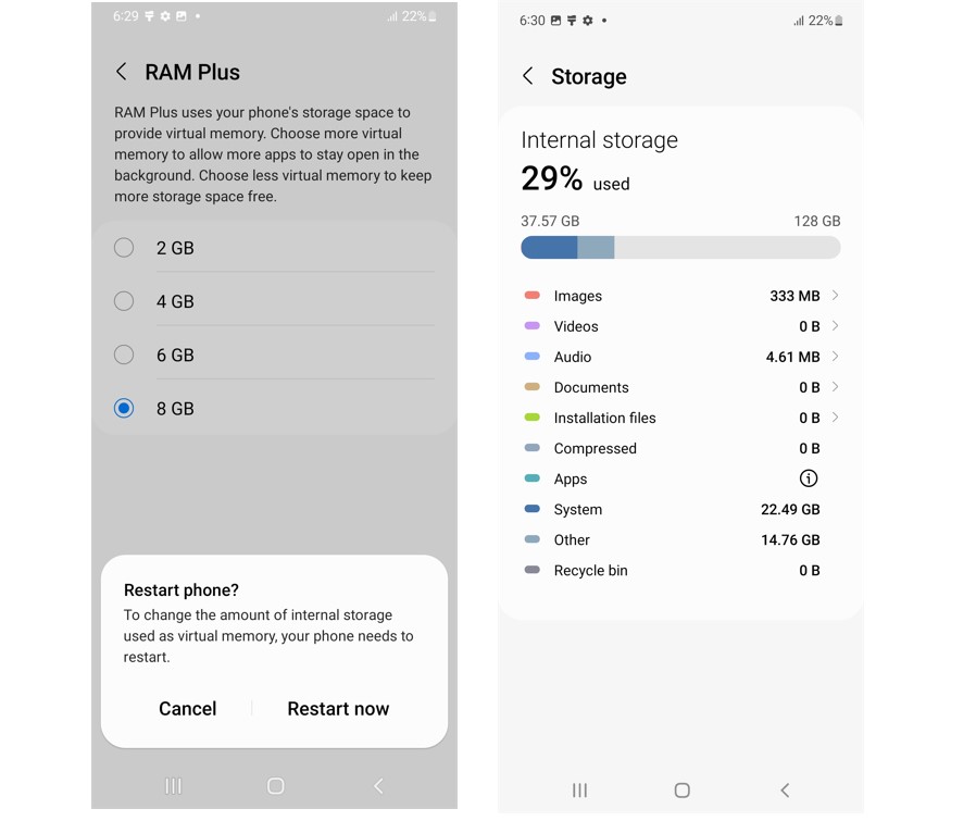 Samsung's Galaxy A52 5G's RAM Plus feature and user-available storage capacity.