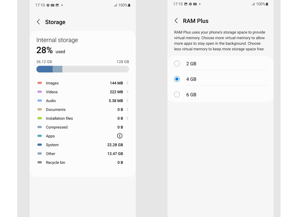 Storage details and RAM Plus feature on Samsung Galaxy M53 5G. Credit: DH Photo/KVN Rohit
