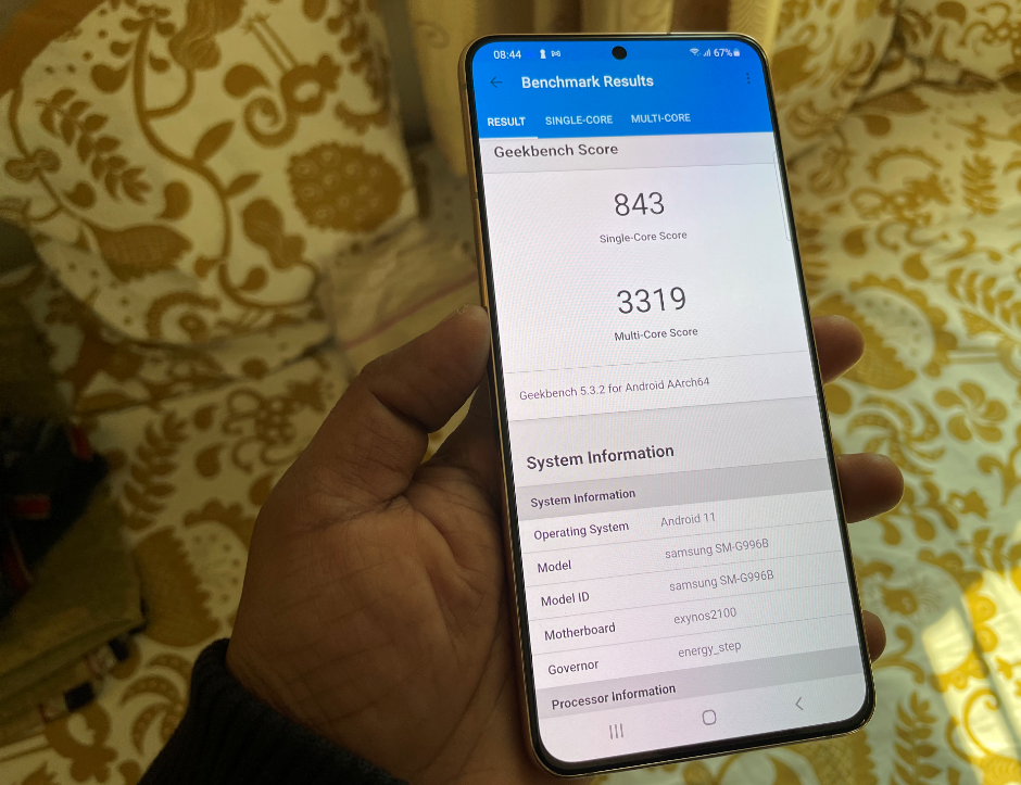 Geekbench performance scores on Samsung Galaxy S21 Plus. Credit: DH Photo/KVN Rohit