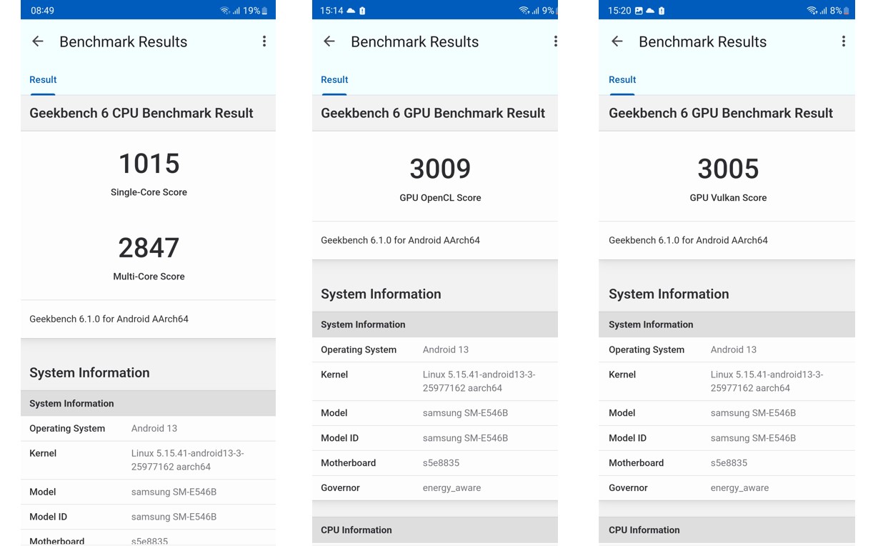 Samsung Galaxy F54 5G's CPU and GPU score on Geekbench performance testing app.