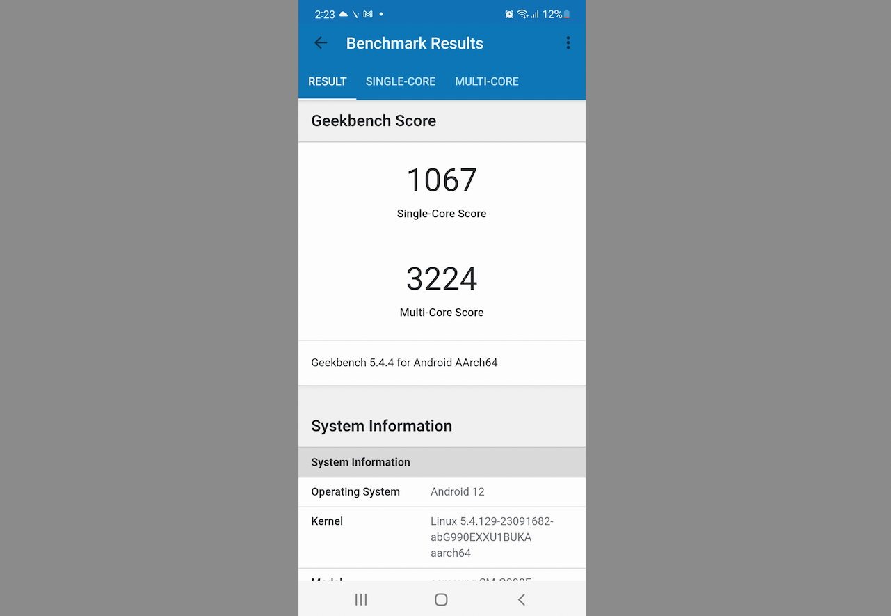 Samsung Galaxy S21 FE's single-core and multi-core test results on the Geekbench performance app. Credit: DH Photo/KVN Rohit