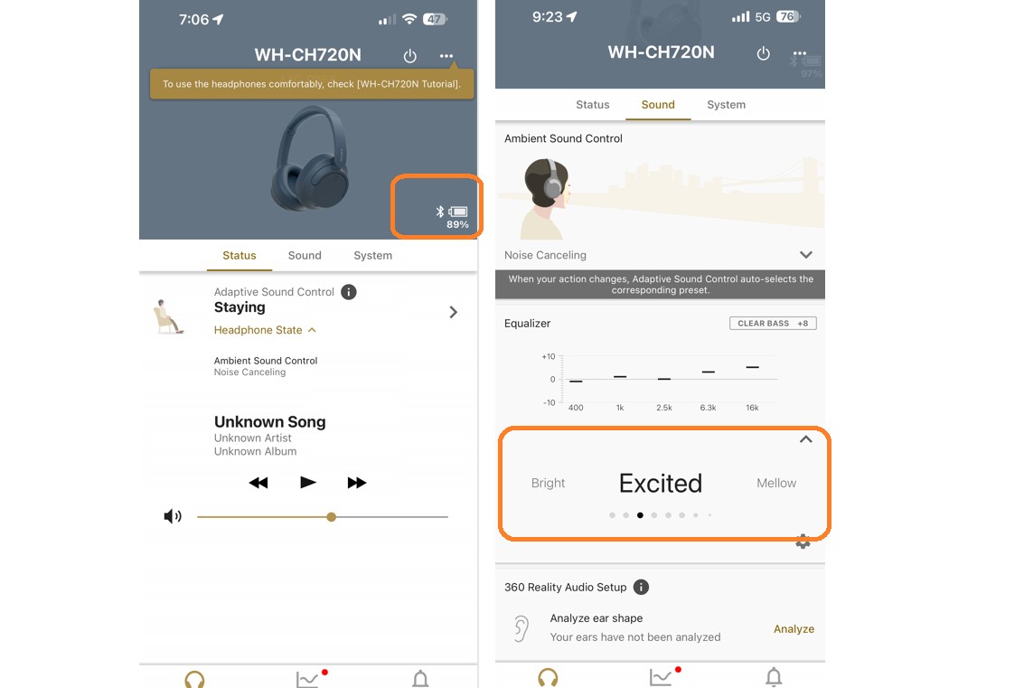 Sony WH-CH720N battery life and equaliser feature on Sony Headphones Connect app (screengrab)