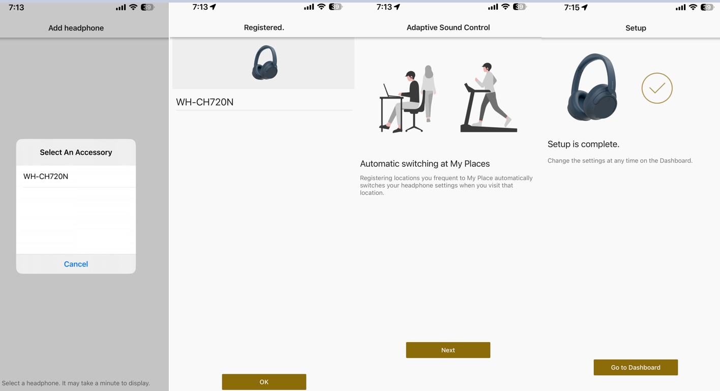Sony WH-CH720N set-up process via Sony Headphones Connect app (screengrab)