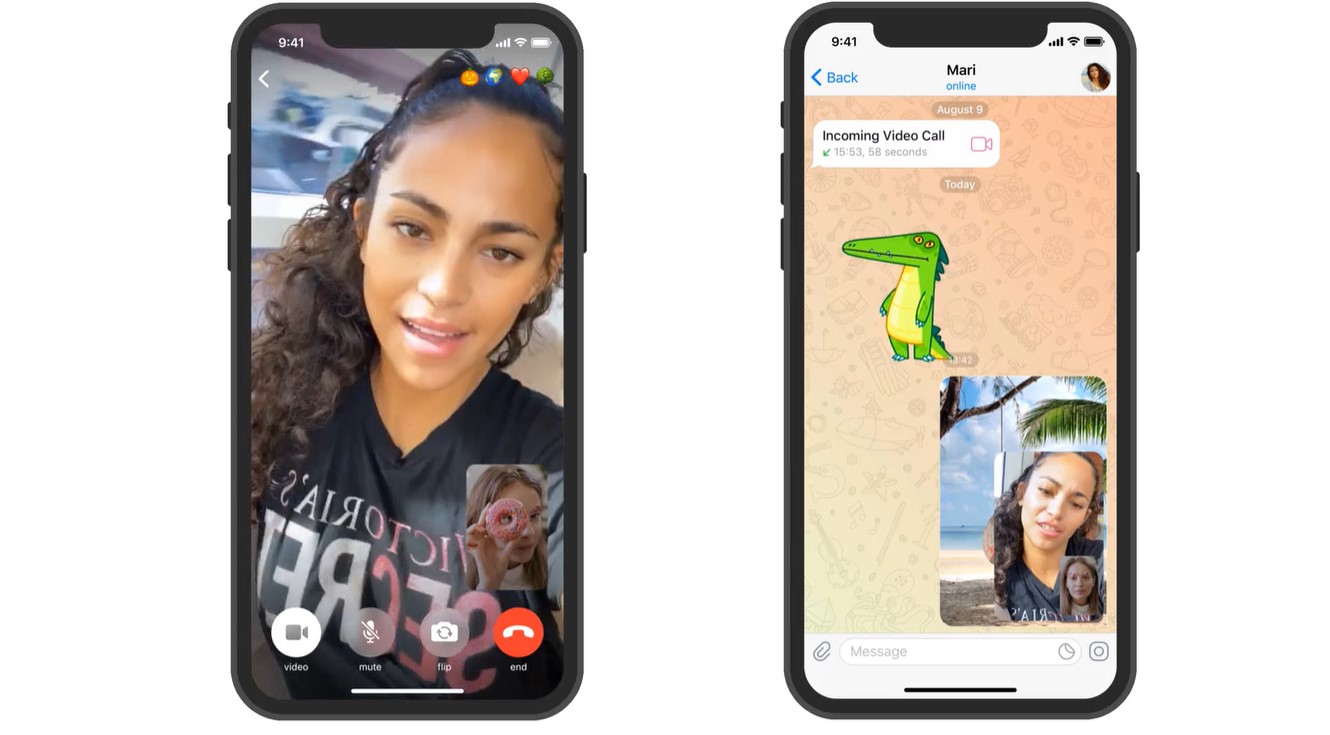 Telegram video calling with a picture-in-picture feature on. Credit: Telegram