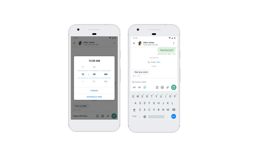 Truecaller now allows users to schedule the time to send an SMS. Credit: Truecaller.