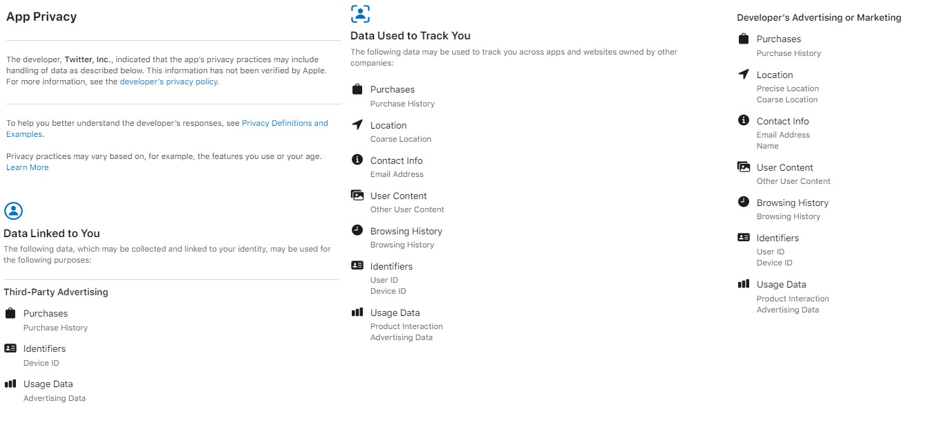 Twitter's App Privacy Label part-1 (screen-shot)