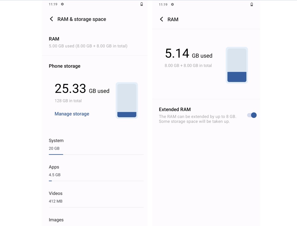 Vivo V25 Pro 5G's storage and Extended RAM feature. Credit: DH Photo/KVN Rohit