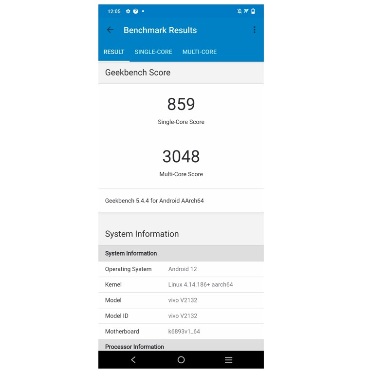 Vivo V23 Pro's single-core and multi-core tests' score on Geekbench 5.0 performance testing app.