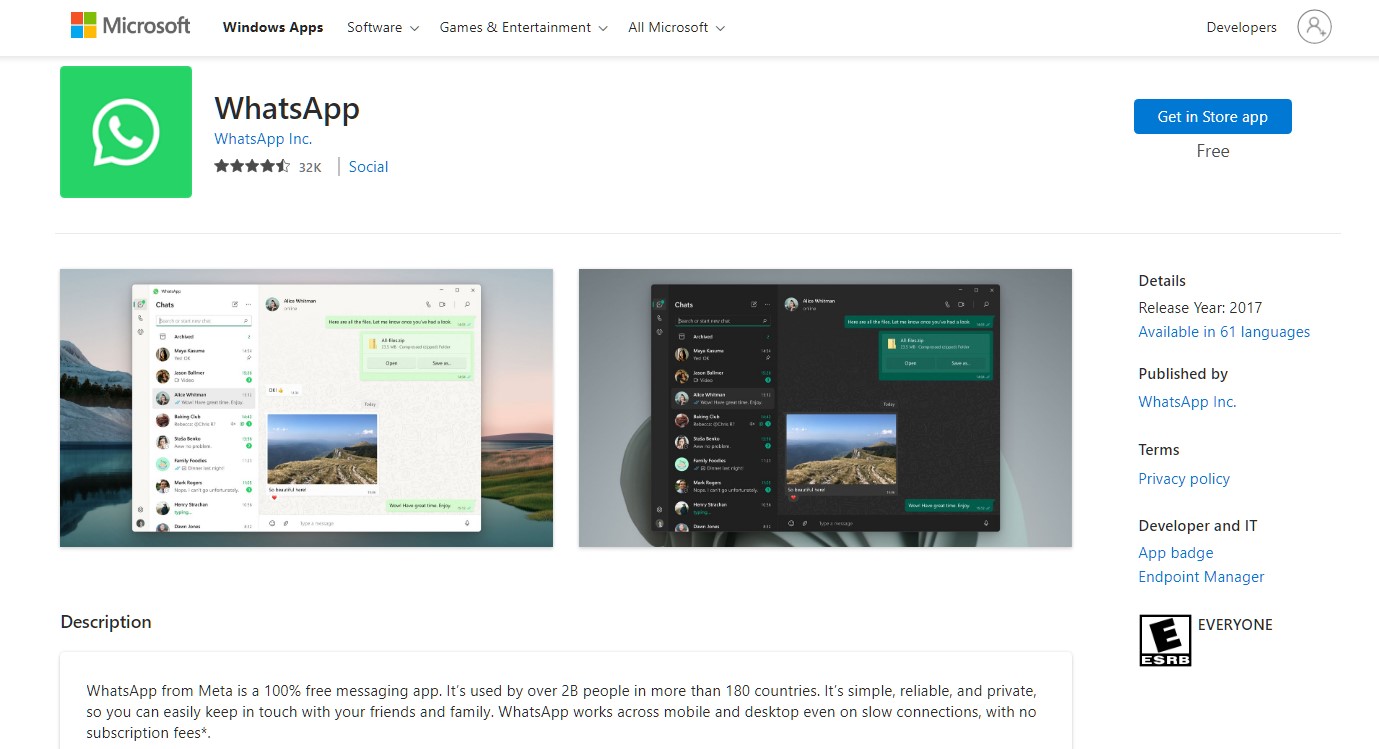 WhatsApp now available on Windows Store (screengrab)