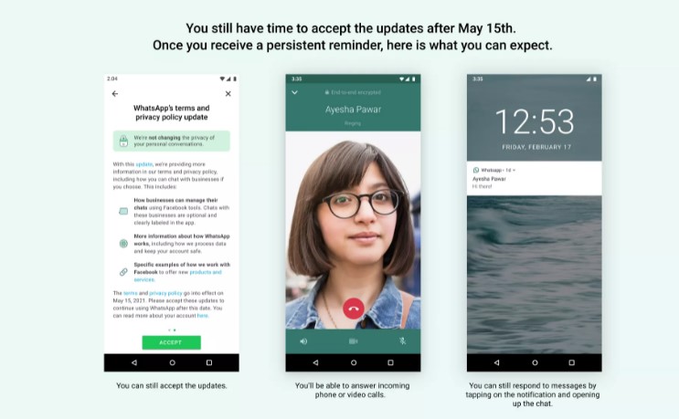 WhatsApp intends to send reminders to users who reject new terms of services. Credit: WhatsApp